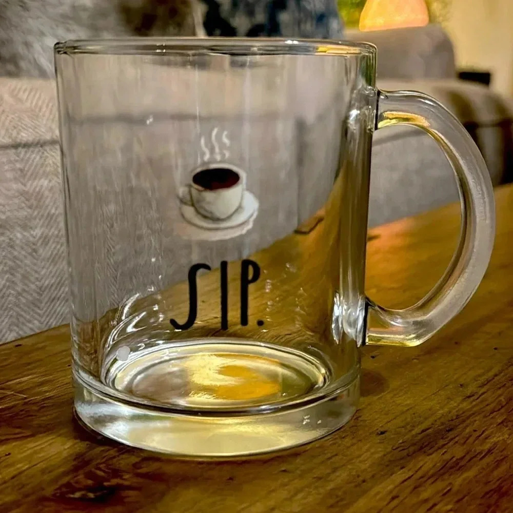 Rae Dunn by Enchante "SIP" GLASS coffee/tea mug/cup w/handle
